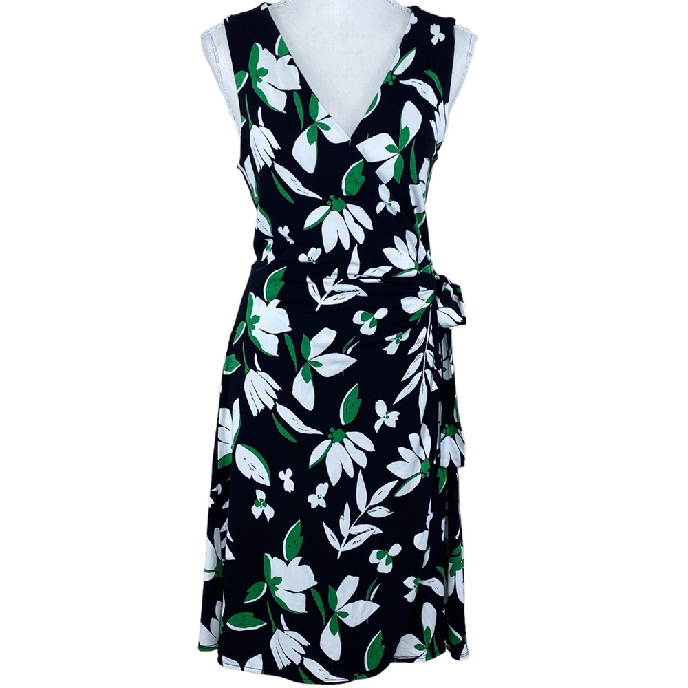 A New Day Black Floral Half Wrap Sleeveless Dress M Partially Lined Stretch
